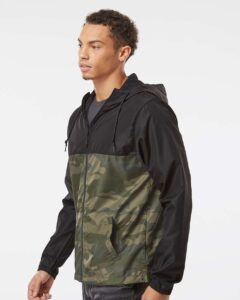 Independent Trading Co. EXP54LWZ Men’s Lightweight Windbreaker Full-Zip Jacket – Black/ Forest Camo (on model side)