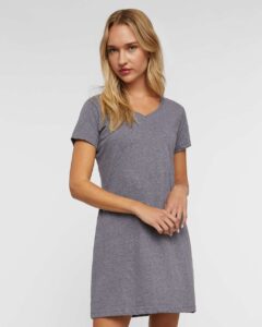 LAT 3522 Women’s Fine Jersey V-Neck Coverup – Granite Heather (on model)