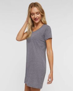 LAT 3522 Women’s Fine Jersey V-Neck Coverup – Granite Heather (on model side)