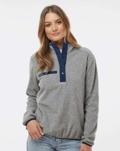 DRI DUCK 9340 Women’s Denali Mountain Fleece Pullover – Platinum (on model)