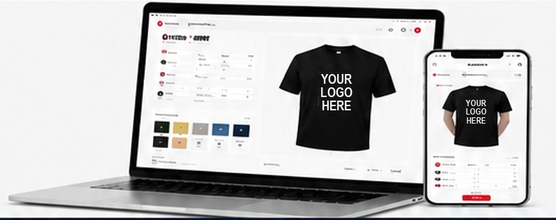 DFW Print Wear ordering interface shown on a laptop and phone