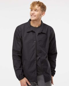 Independent Trading Co. EXP99CNB Men’s Water-Resistant Windbreaker Coach’s Jacket – Black/ Black (on model)