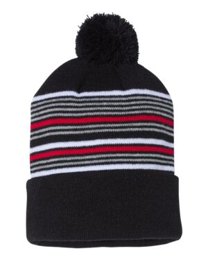 Sportsman SP60 12″ Striped Pom-Pom Cuffed Beanie – Black/ White/ Grey/ Red