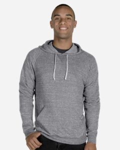 JERZEES 90MR Unisex Snow Heather French Terry Raglan Hooded Sweatshirt – Charcoal (on model)