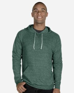 JERZEES 90MR Unisex Snow Heather French Terry Raglan Hooded Sweatshirt – Forest Green (on model)
