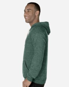 JERZEES 90MR Unisex Snow Heather French Terry Raglan Hooded Sweatshirt – Forest Green (on model side)