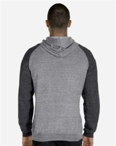 JERZEES 90MR Unisex Snow Heather French Terry Raglan Hooded Sweatshirt – Charcoal/ Black Ink (on model back)