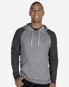 JERZEES 90MR Unisex Snow Heather French Terry Raglan Hooded Sweatshirt – Charcoal/ Black Ink (on model)