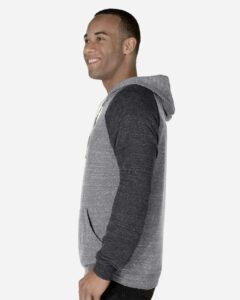 JERZEES 90MR Unisex Snow Heather French Terry Raglan Hooded Sweatshirt – Charcoal/ Black Ink (on model side)