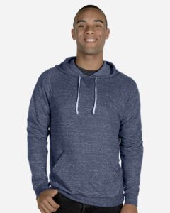 JERZEES 90MR Unisex Snow Heather French Terry Raglan Hooded Sweatshirt – Navy (on model)