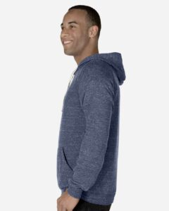 JERZEES 90MR Unisex Snow Heather French Terry Raglan Hooded Sweatshirt – Navy (on model side)