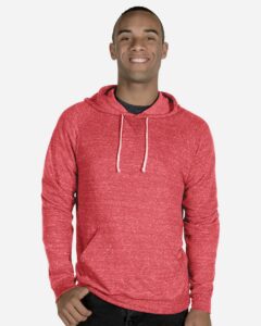 JERZEES 90MR Unisex Snow Heather French Terry Raglan Hooded Sweatshirt – Red (on model)
