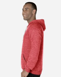 JERZEES 90MR Unisex Snow Heather French Terry Raglan Hooded Sweatshirt – Red (on model side)