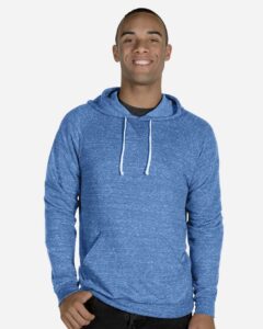 JERZEES 90MR Unisex Snow Heather French Terry Raglan Hooded Sweatshirt – Royal (on model)