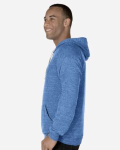 JERZEES 90MR Unisex Snow Heather French Terry Raglan Hooded Sweatshirt – Royal (on model side)