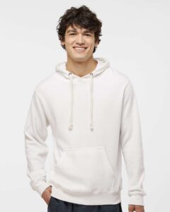 J. America 8871 Men’s Triblend Fleece Hooded Sweatshirt – Antique White Triblend (on model)