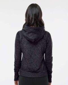 J. America 8912 Women’s Zen Fleece Hooded Sweatshirt – Twisted Black (on model back)