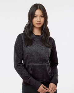 J. America 8912 Women’s Zen Fleece Hooded Sweatshirt – Twisted Black (on model)