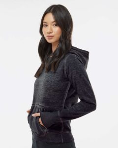 J. America 8912 Women’s Zen Fleece Hooded Sweatshirt – Twisted Black (on model side)
