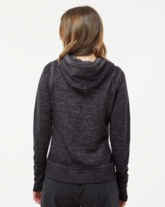 J. America 8913 Women’s Zen Fleece Full-Zip Hooded Sweatshirt – Twisted Black (on model back)