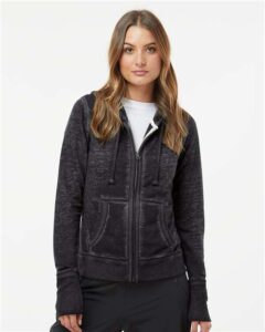 J. America 8913 Women’s Zen Fleece Full-Zip Hooded Sweatshirt – Twisted Black (on model)