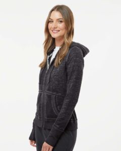 J. America 8913 Women’s Zen Fleece Full-Zip Hooded Sweatshirt – Twisted Black (on model side)