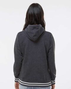 J. America 8651 Women’s Relay Hooded Sweatshirt – Black (on model back)