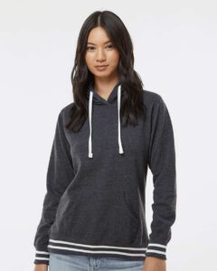 J. America 8651 Women’s Relay Hooded Sweatshirt – Black (on model)
