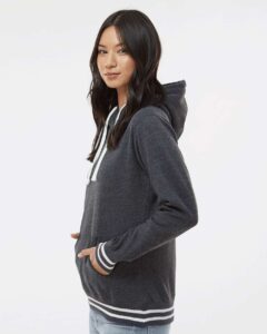 J. America 8651 Women’s Relay Hooded Sweatshirt – Black (on model side)