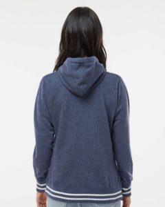 J. America 8651 Women’s Relay Hooded Sweatshirt – Navy (on model back)
