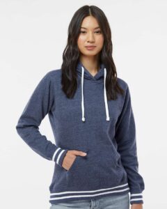 J. America 8651 Women’s Relay Hooded Sweatshirt – Navy (on model)