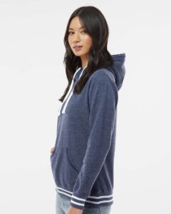 J. America 8651 Women’s Relay Hooded Sweatshirt – Navy (on model side)