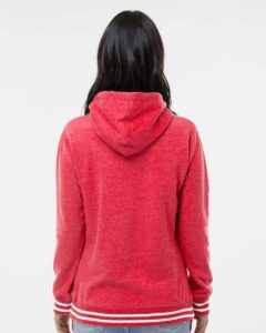 J. America 8651 Women’s Relay Hooded Sweatshirt – Red (on model back)