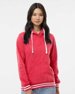 J. America 8651 Women’s Relay Hooded Sweatshirt – Red (on model)