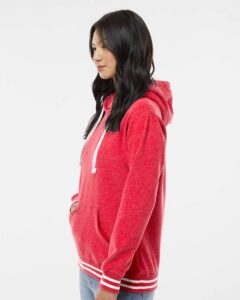 J. America 8651 Women’s Relay Hooded Sweatshirt – Red (on model side)