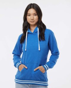 J. America 8651 Women’s Relay Hooded Sweatshirt – Royal (on model)
