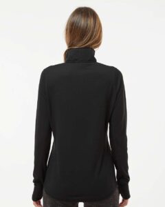 J. America 8433 Women’s Omega Stretch Quarter-Zip Pullover – Black Triblend (on model back)
