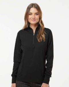 J. America 8433 Women’s Omega Stretch Quarter-Zip Pullover – Black Triblend (on model)