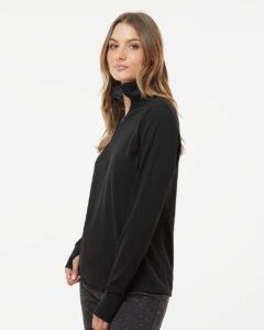 J. America 8433 Women’s Omega Stretch Quarter-Zip Pullover – Black Triblend (on model side)