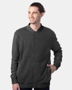 Champion CO100 Unisex Bomber Jacket – Charcoal Heather (on model)