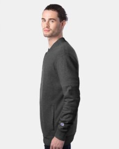 Champion CO100 Unisex Bomber Jacket – Charcoal Heather (on model side)