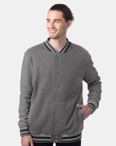 Champion CO100 Unisex Bomber Jacket – Oxford Grey/ Charcoal Heather (on model)