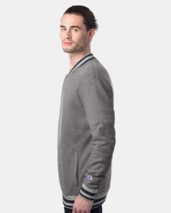 Champion CO100 Unisex Bomber Jacket – Oxford Grey/ Charcoal Heather (on model side)