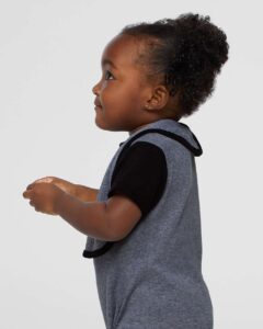 Rabbit Skins 1004 Infant Contrast Trim Premium Jersey Bib – Granite Heather/ Black (on model side)
