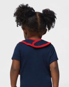 Rabbit Skins 1004 Infant Contrast Trim Premium Jersey Bib – Navy/ Red (on model back)