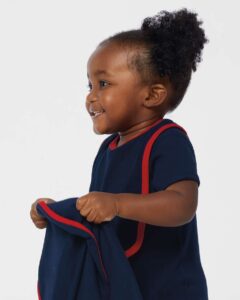 Rabbit Skins 1004 Infant Contrast Trim Premium Jersey Bib – Navy/ Red (on model side)
