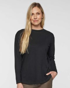 LAT 3508 Women’s Fine Jersey Long Sleeve Tee – Black (on model)