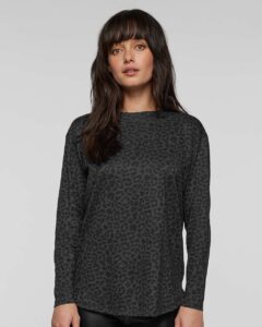 LAT 3508 Women’s Fine Jersey Long Sleeve Tee – Black Leopard (on model)
