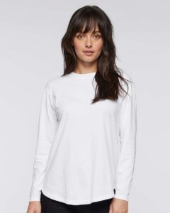 LAT 3508 Women’s Fine Jersey Long Sleeve Tee – White (on model)