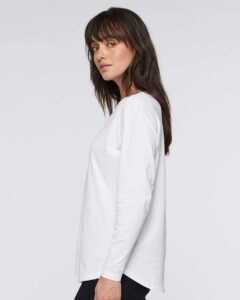 LAT 3508 Women’s Fine Jersey Long Sleeve Tee – White (on model side)